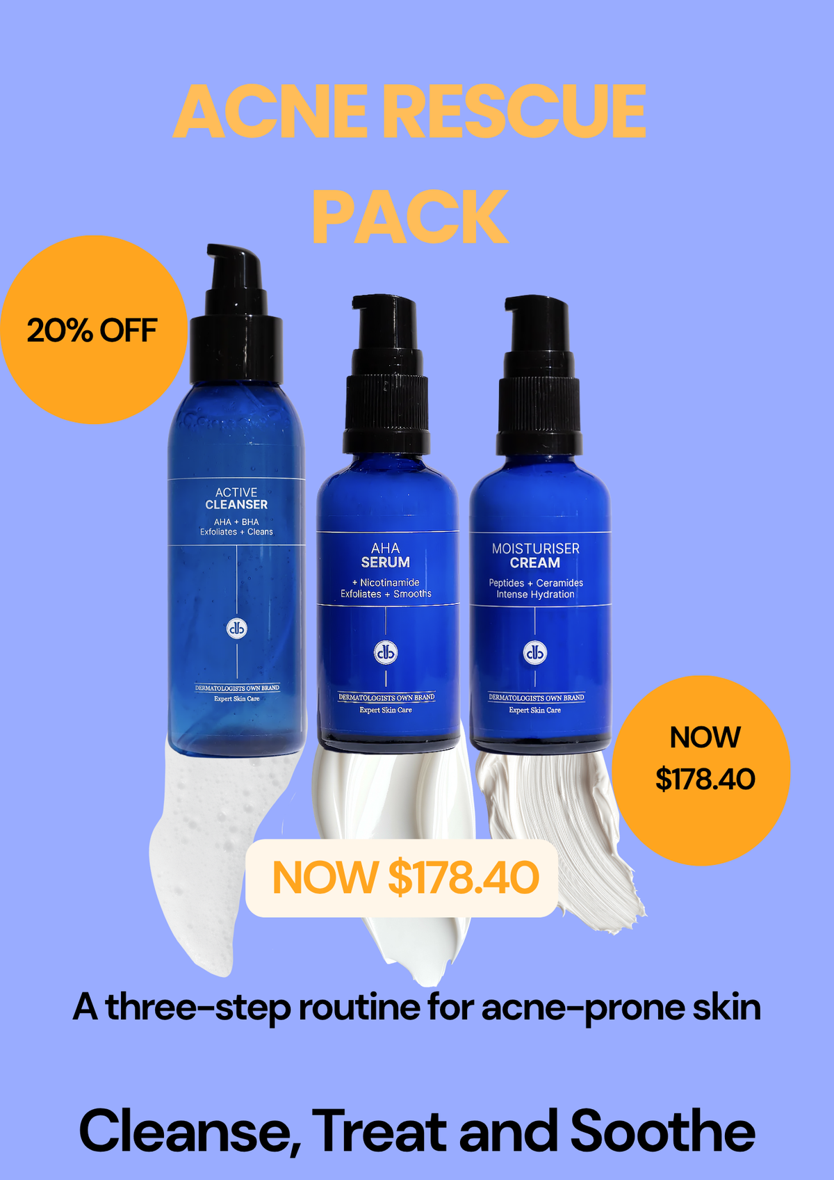Acne Rescue Pack: Active Cleanser + AHA Serum + Moisturiser Cream